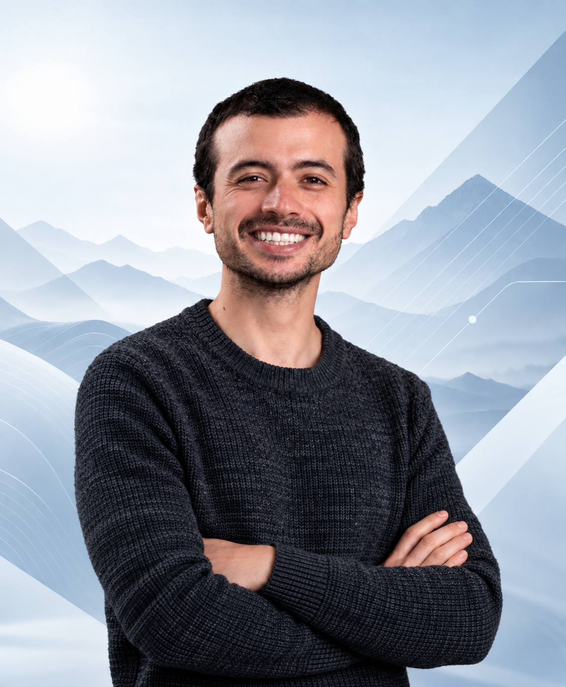 Sacha Rozenstark frente a un paisaje abstracto de sistemas y tecnología.